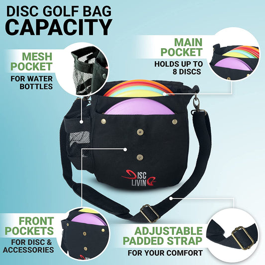 Disc Golf Bag | Frisbee Golf Bag | Easy to Carry | Lightweight Fits up to 10 Discs | 16 Oz Waxed Canvas Sturdy Design | Belt Loop | Double Button Design | Bottle Holder