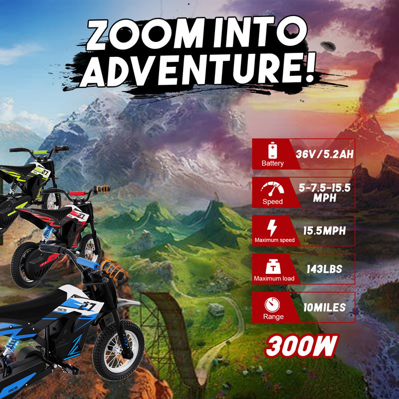 Electric Dirt Bike,36V&300W&10Miles,3 Speed Modes Electric Motorcycles for Kids Ages 3-12,Green