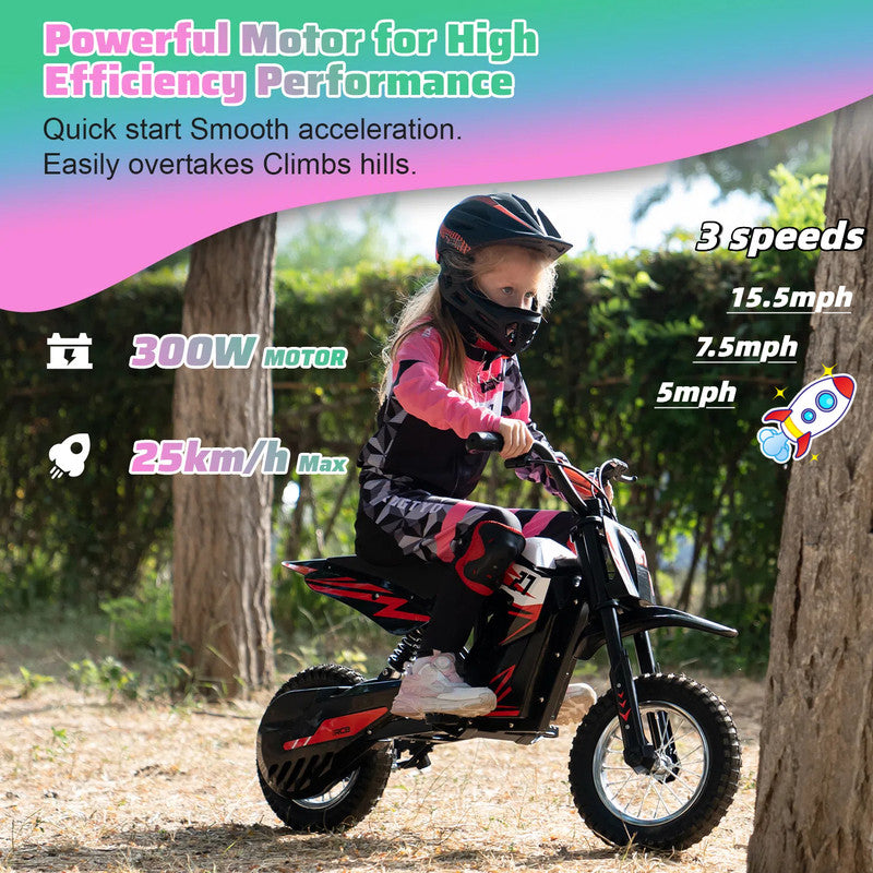 Electric Dirt Bike,36V&300W&10Miles,3 Speed Modes Electric Motorcycles for Kids Ages 3-12,Green