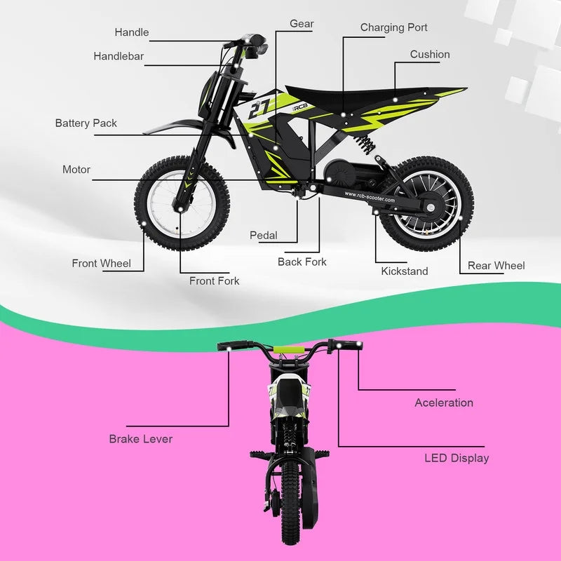 Electric Dirt Bike,36V&300W&10Miles,3 Speed Modes Electric Motorcycles for Kids Ages 3-12,Green